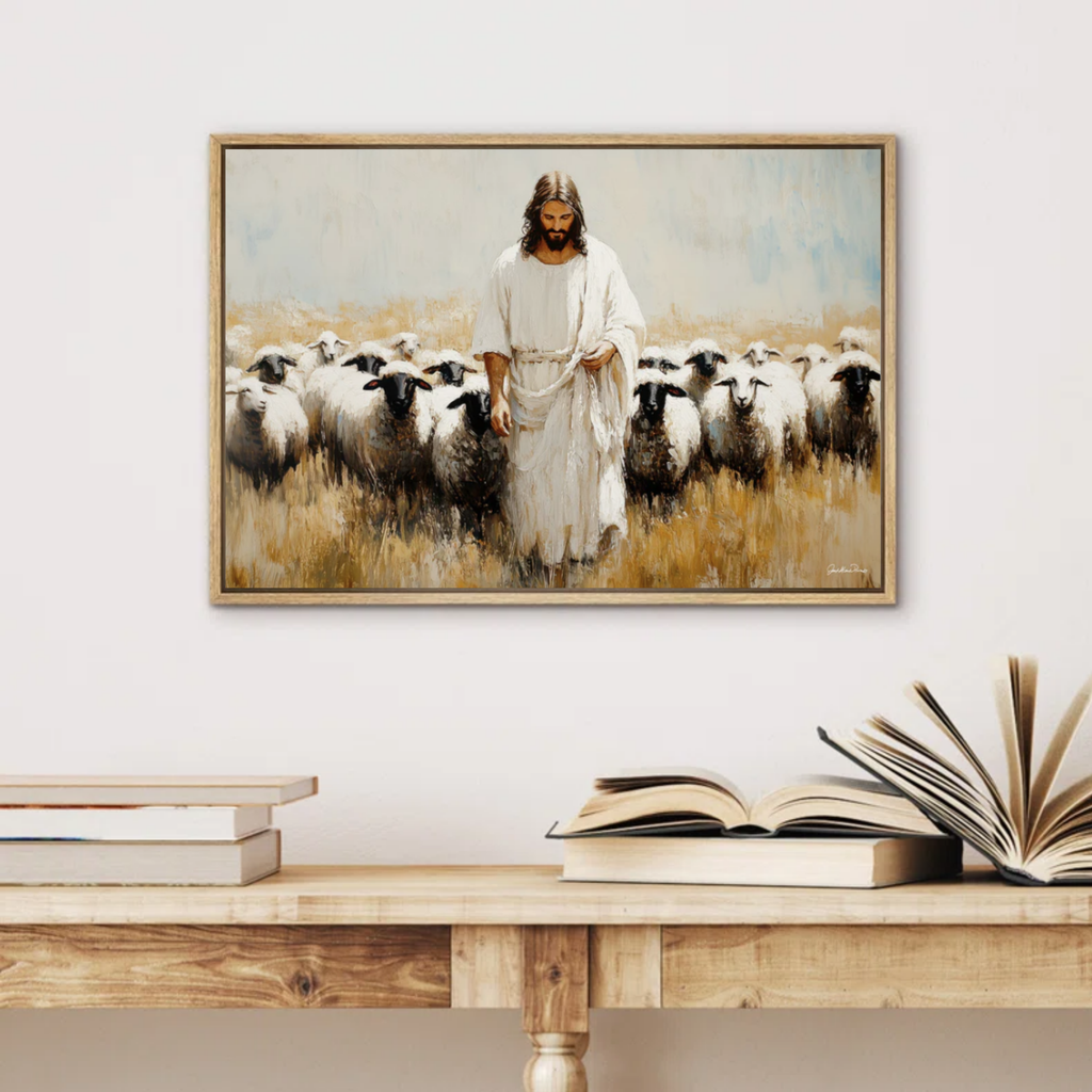 Framed Christian wall art of Jesus standing with sheep behind Him, symbolizing His role as the Good Shepherd in a peaceful home.