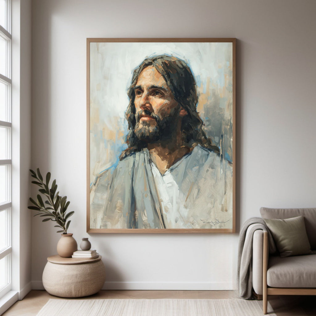 Christian artwork/canvas of jesus in a modern christian home.